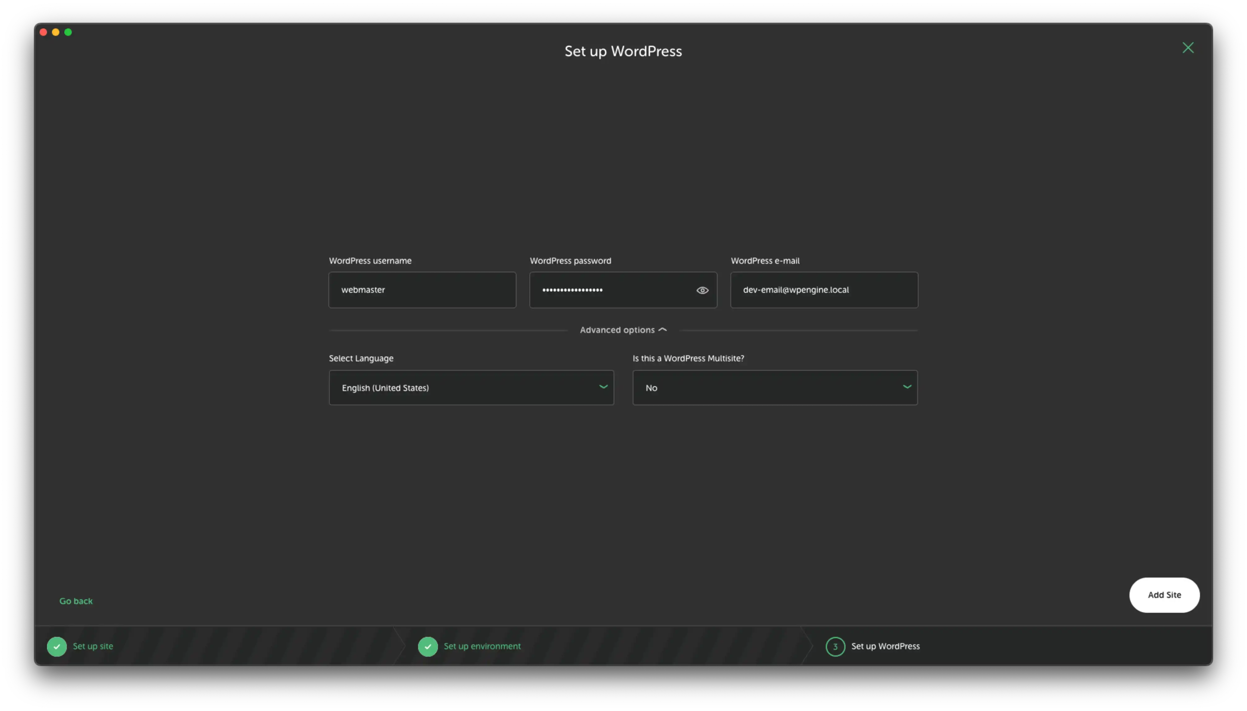 Настройка Wordpress во время создания сайта с LocalWP