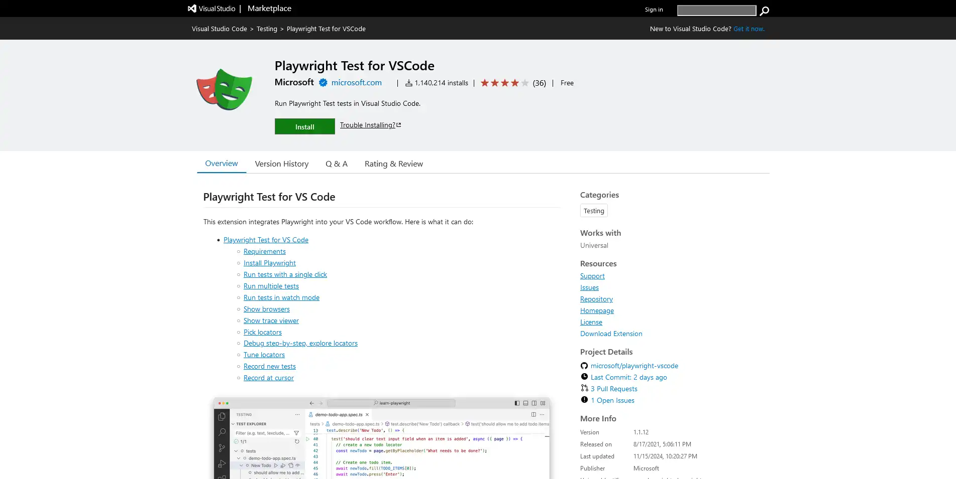 Расширение Playwright в маркетплейсе VS Code