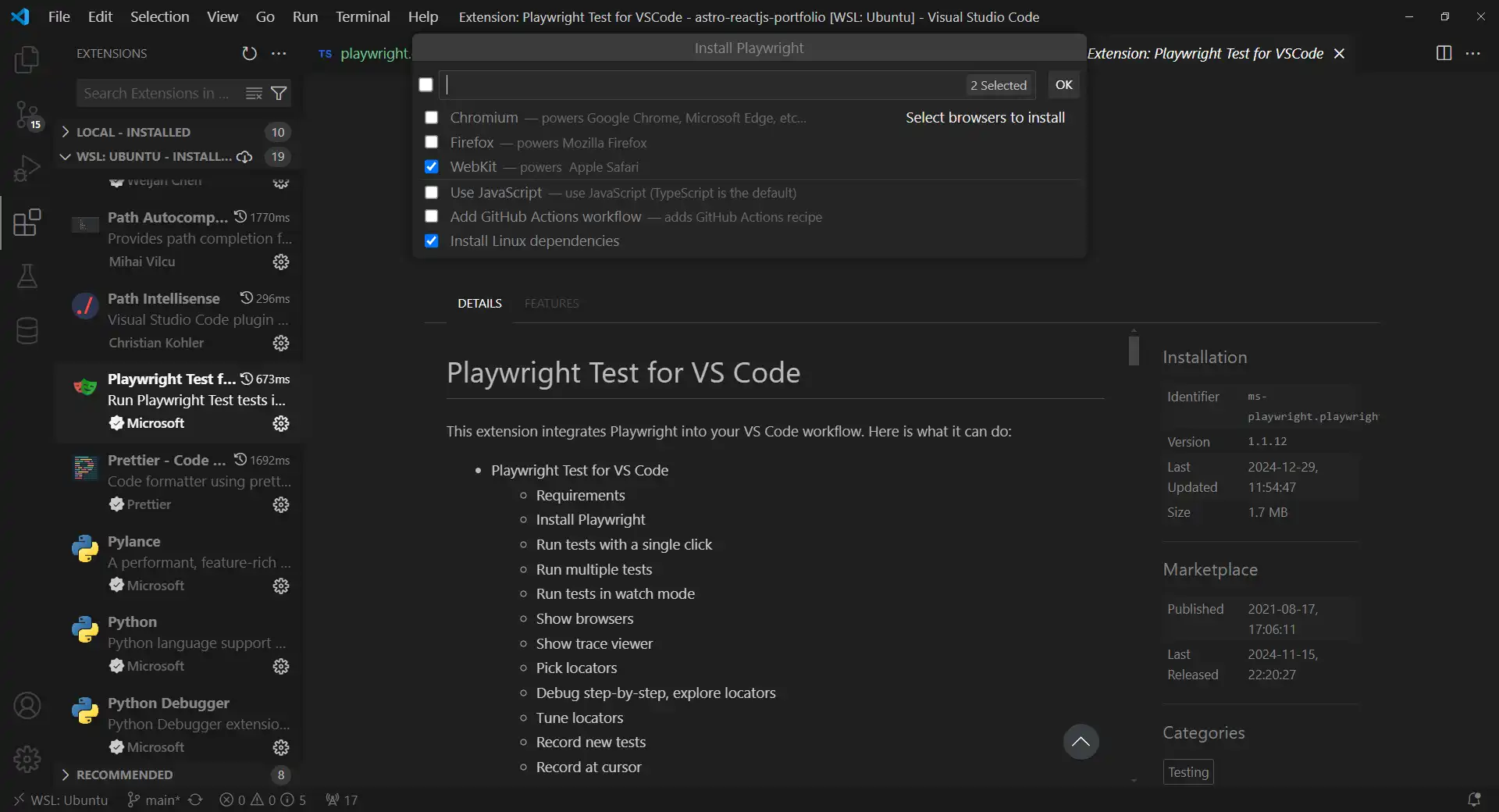 Установка плагина Playwright для VS Code. Выбор браузера и прочие настройки